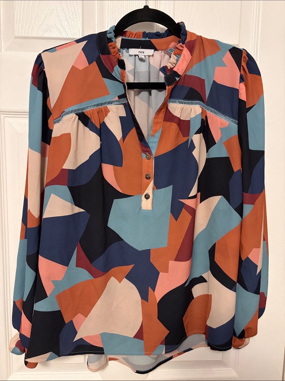 Fate Geometric Abstract Button-Front Blouse - Navy, Rust, Coral, Teal